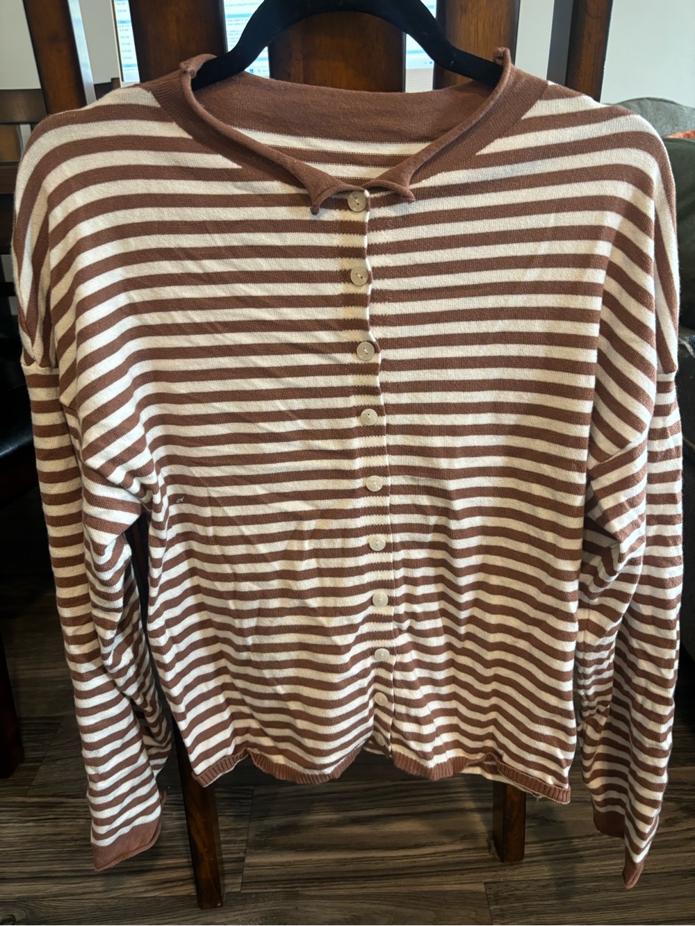 Source Unknown Brown and White Striped Button-Front Women's Top